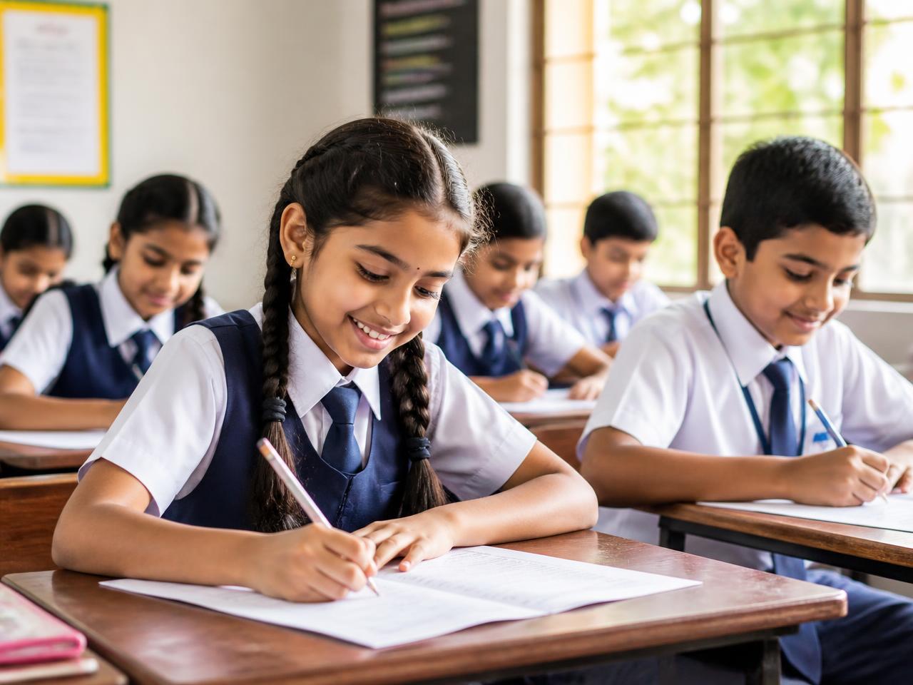 Smiling school students writing the AIMS Olympiad examination in a classroom