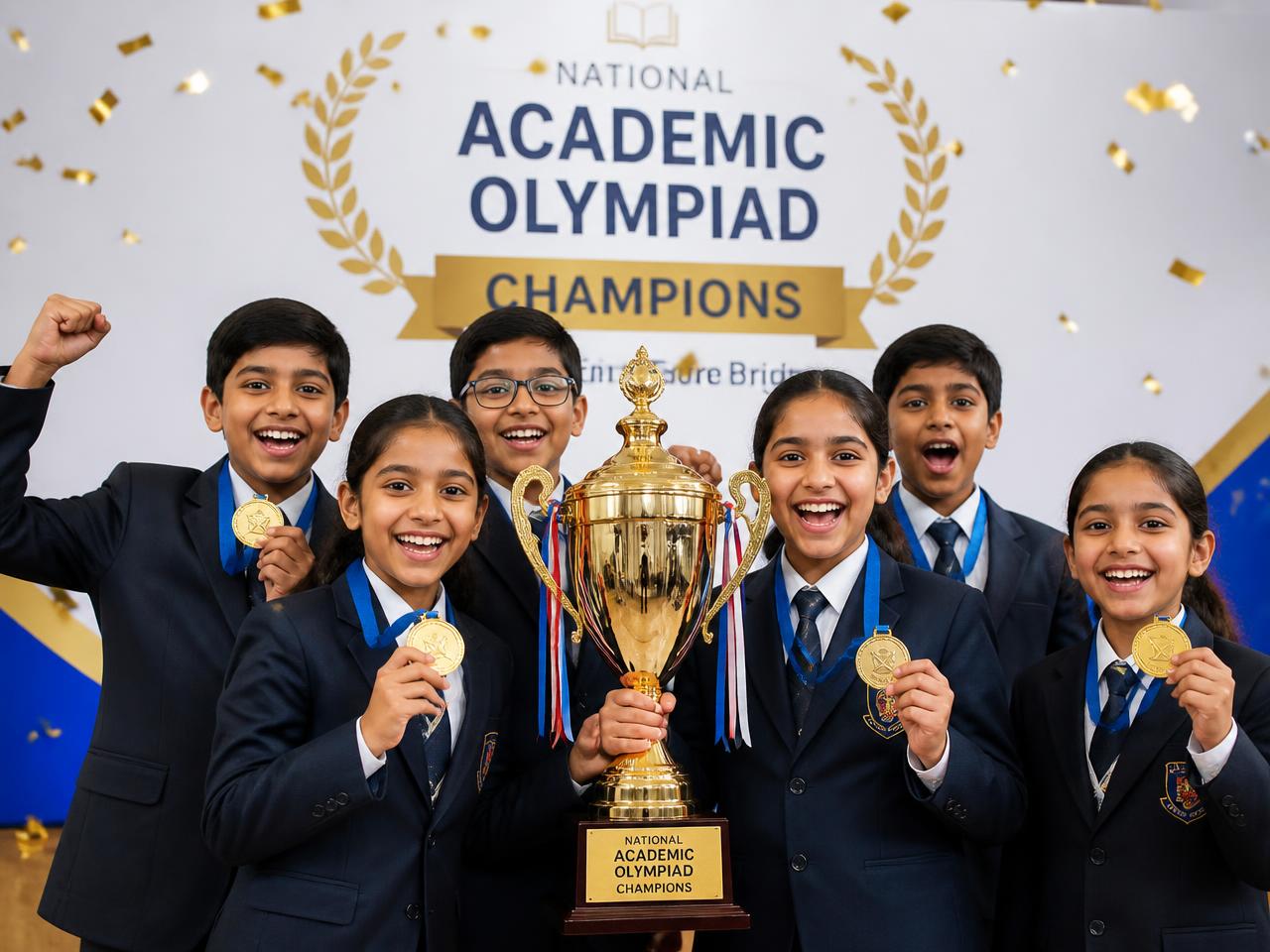 Happy students holding a gold Olympiad champions trophy and medals